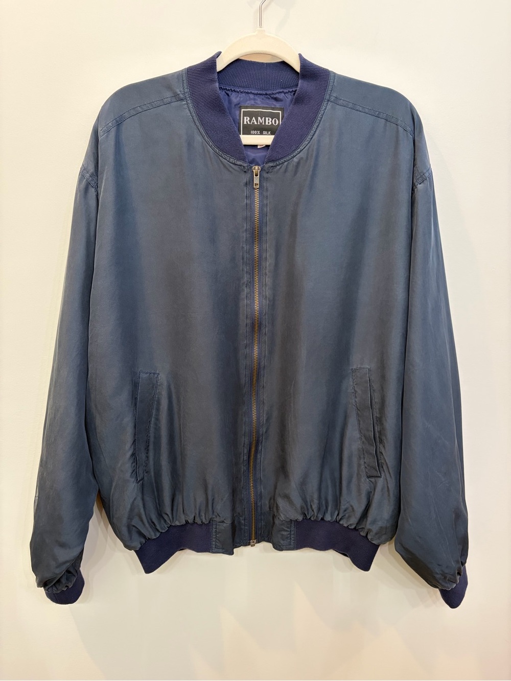 Vintage Rambo Men’s Silk Bomber Jacket Navy Zip Front Size XL 80s 90s Streetwear